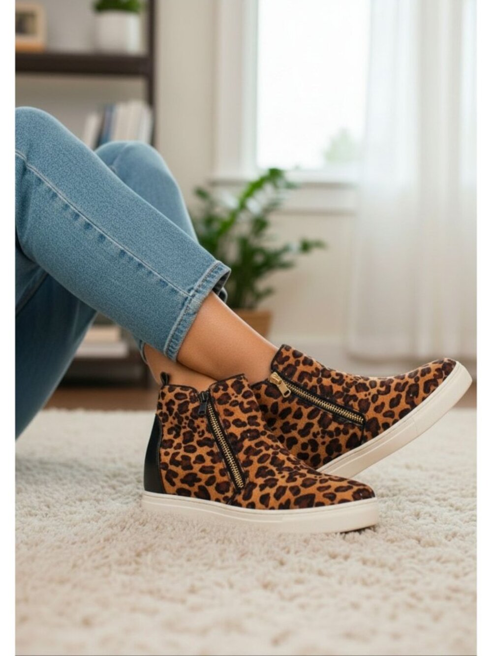 Leopard Print Wedge Sneakers With Side Zipper & Black Accents